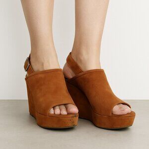 Lucky Brand Suede Slingback Wedge Sandal 7.5 Brown Peep Toe - See Wear/Read Desp